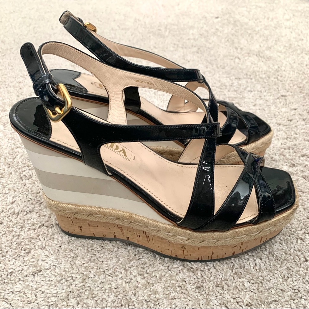 Prada Black Patent Leather Strappy Wedge Sandals